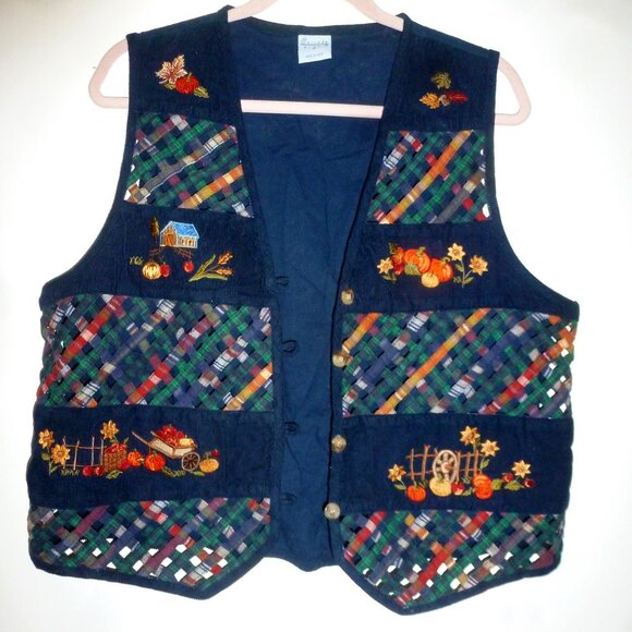Cascade Blues Fall Harvest Embroidered Corduroy XL Blue Lattice Cotton Vest - Picture 1 of 14